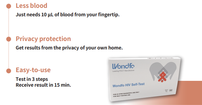 Wondfo HIV Self-Test, adopting immunochromatography, enjoys simple operation and short turn-around time. With 3 simple steps, accurate result is delivered in 15 minutes, making it a good fit for HIV at-home testing and monitoring.